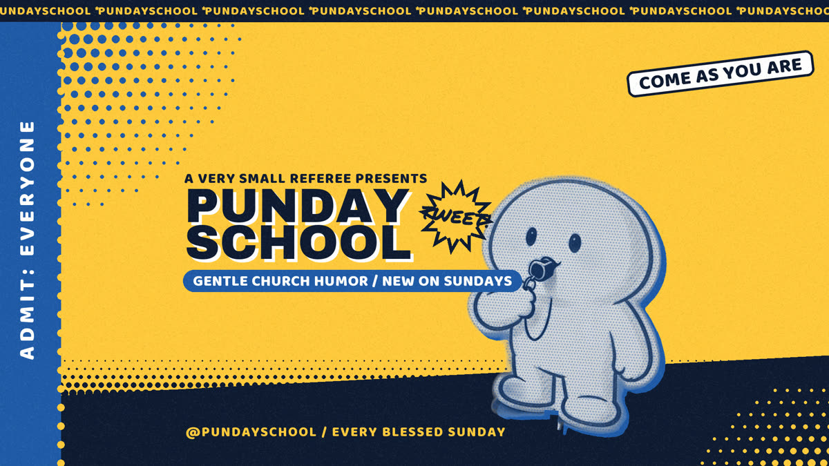 The Pundayschool poster: a small round referee with a whistle on a blue and gold playbill